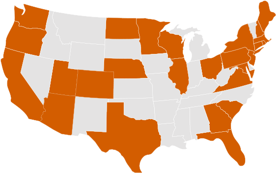 A map of the U.S. containing 27 orange-colored states indicating the locations that Tufts GBA students come from.