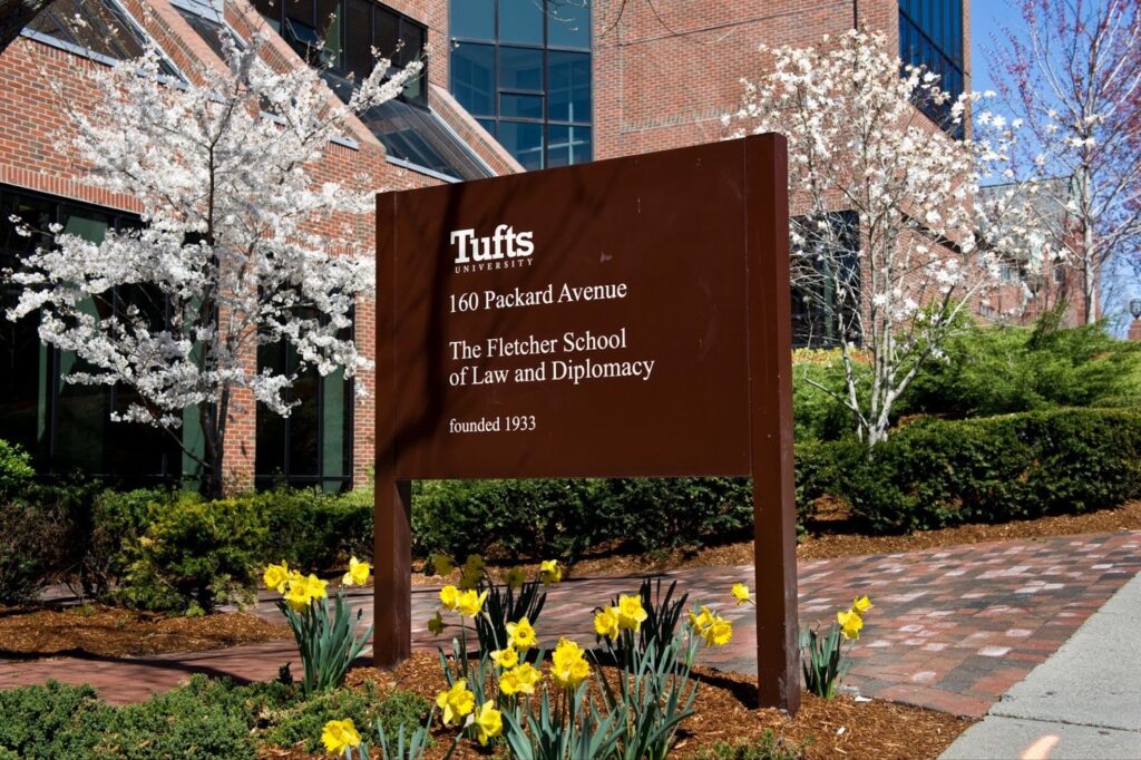 Sign reading "The Fletcher School of Law and Diplomacy, Founded 1933" located at the entrance to the Fletcher School