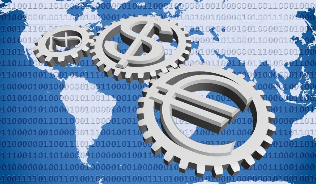 A dollar sign, a British pound sign, and a Euro sign, each contained within a gear icon, appear in front of a world map.