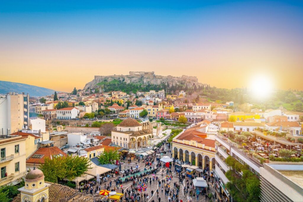 Monastiraki square in downtown Athens, Greece with the Acropolis in the background.